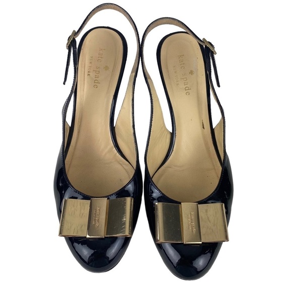 Kate Spade Black Sling Back Heels Gold Bow Made in Italy Size 7.5 Patent Leather - Picture 4 of 11